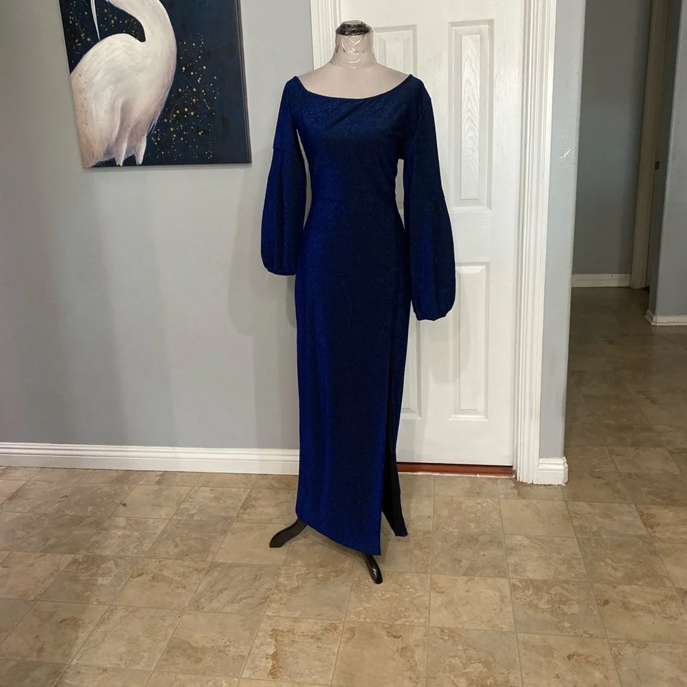 Women Large Dark blue, floor-length evening gown, balloon Sleeve - Picture 3 of 9